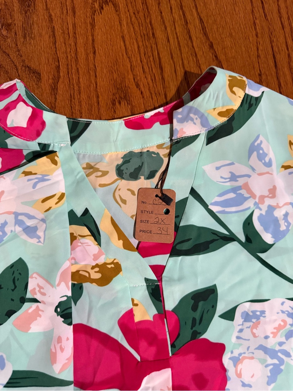 Umgee Mint Floral V-Neck Blouse with Fuchsia & Yellow Flowers - Picture 4 of 6